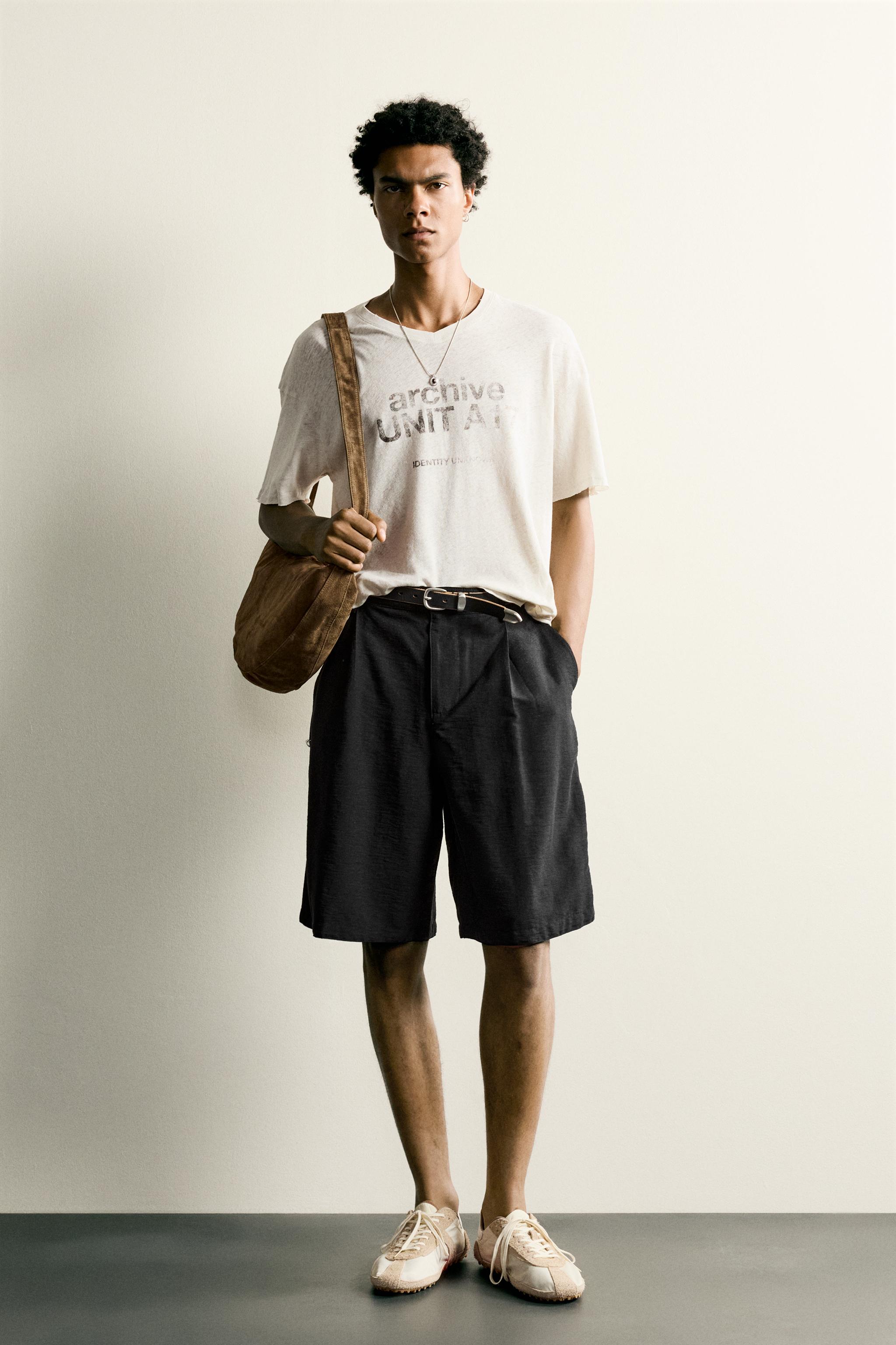 WASHED COTTON-LINEN T-SHIRT WITH TEXT